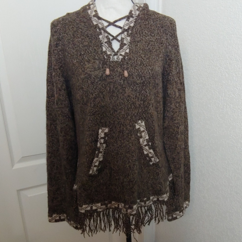 Alpaca Connection Fringe Lace up Boho Hoodie